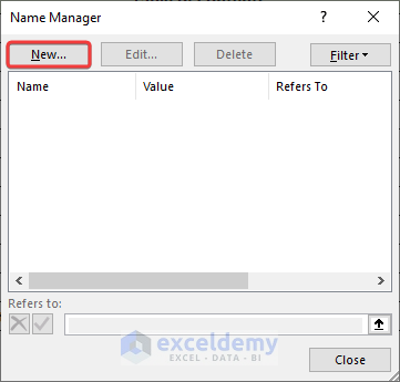 Clicking New option to create a new name manager
