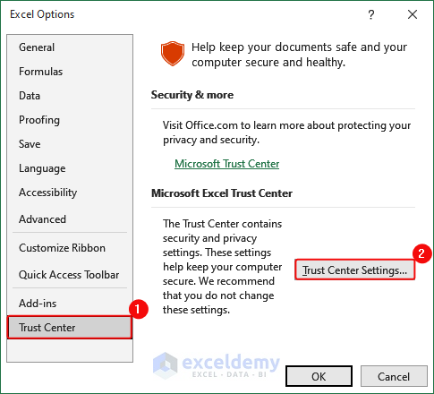 Clicking on Trust Center Settings