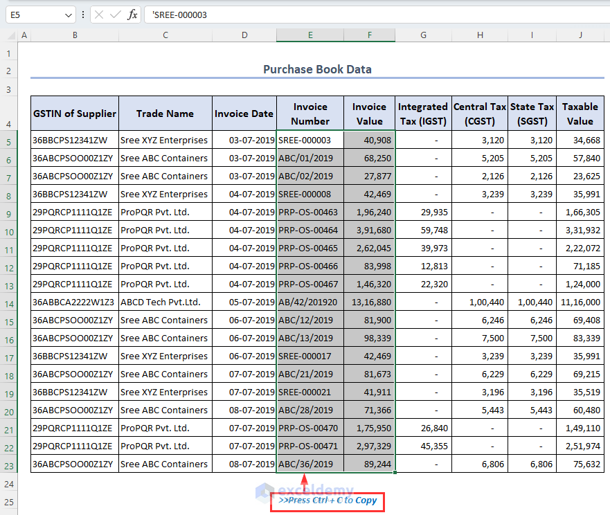 Copying invoice numbers and invoice values from purchase book dataset