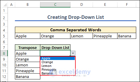 4-Creating a drop-down menu from a comma-separated words cell