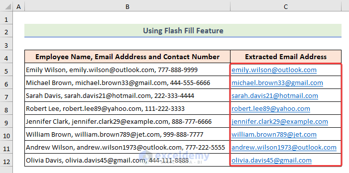 Final result with extracting email addresses using flash fill feature