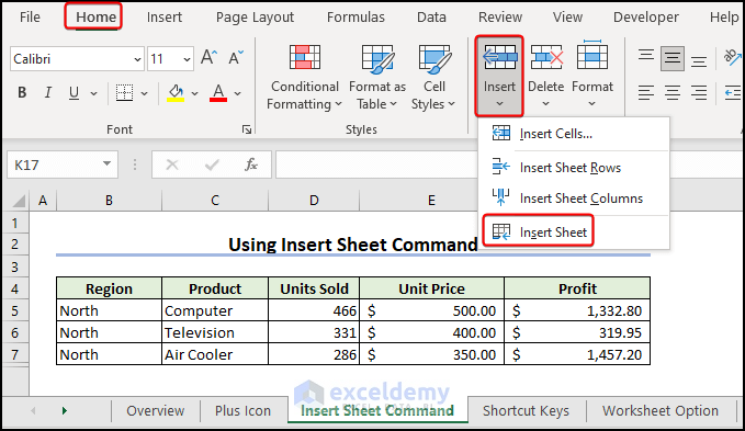 Insert Sheet command to insert new worksheet in excel