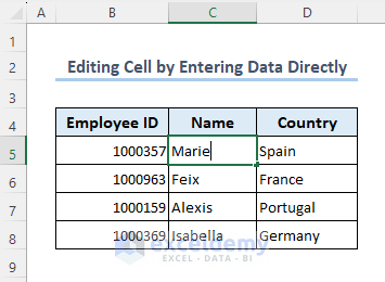 Inserting new data in the selected cell