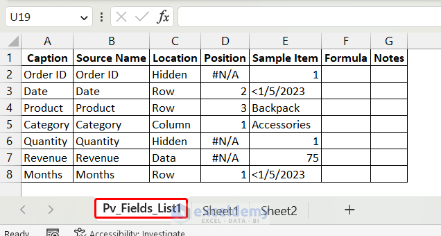 List of Pivot Table Field Names of 1st Pivot Table in Sheet1