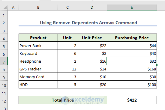 Output after applying to Remove Dependent Arrows in Excel