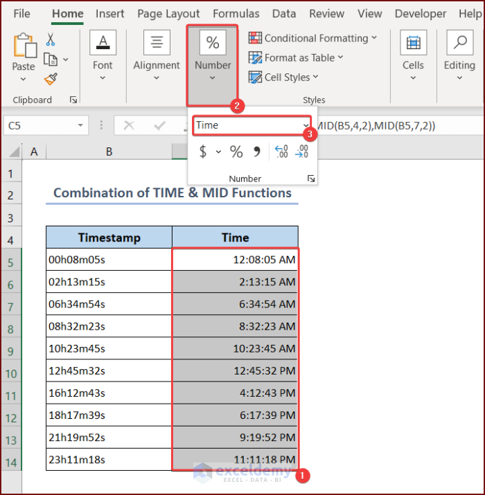 Selecting Time Format from the Number Group