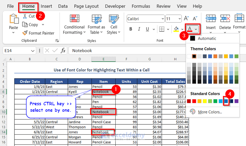 Use of Font Color to Highlight Text in Excel