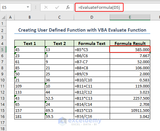 Using Custom Function to Evaluate String as Formula in Excel