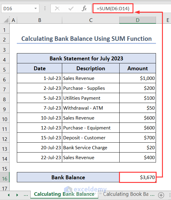Using SUM function to calculate bank balance