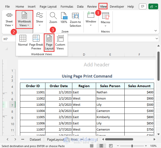 Using Using Excel Page Layout command from the View tab