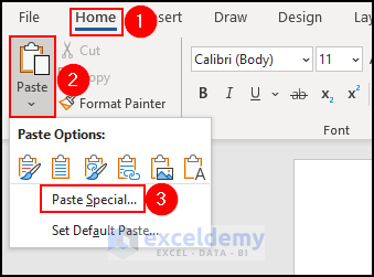 4- choosing paste special option in word document to merge Excel cells into a Word document directly
