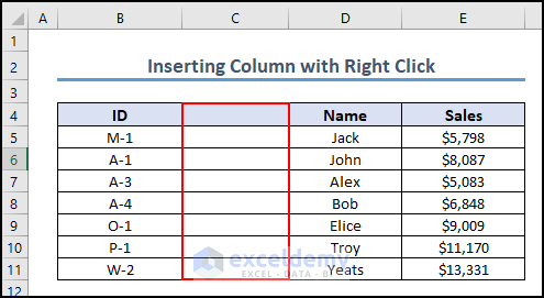 4- inserting a column with a right click