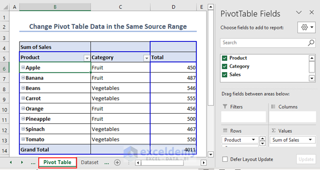 showing pivot table with pivot table fields
