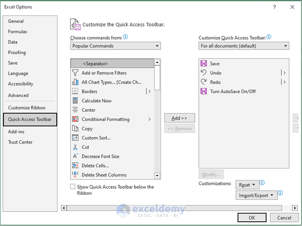Excel options for Quick Access Toolbar