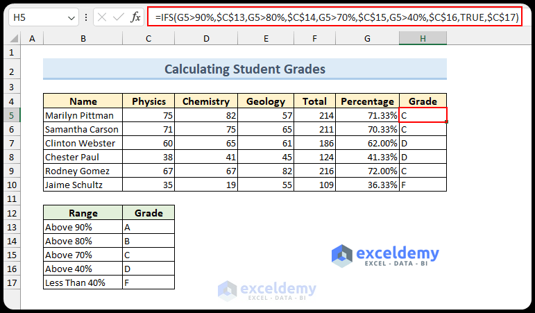Finding Student Grades Using IFS Function
