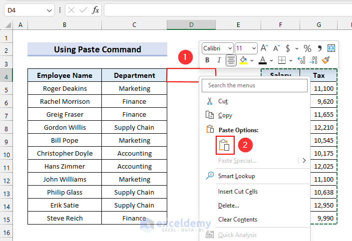 How to Use Paste Command from Right-Click Menu in Excel