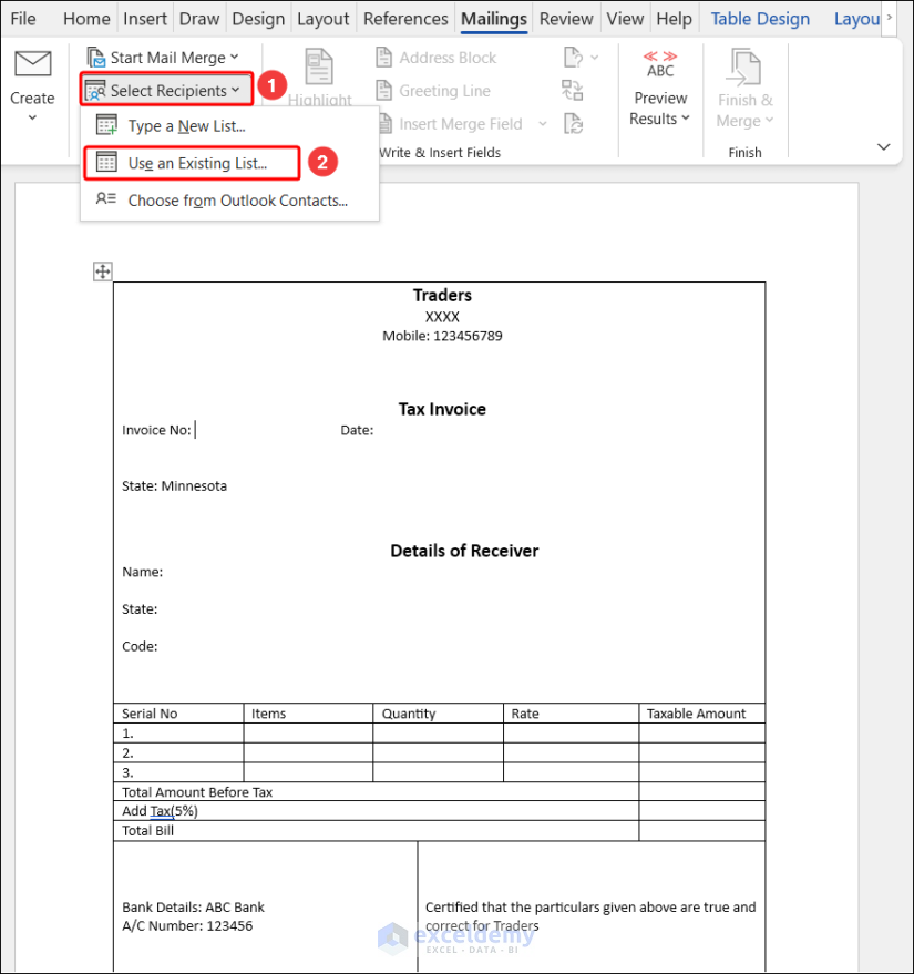 Selecting the recipients create multiple invoices