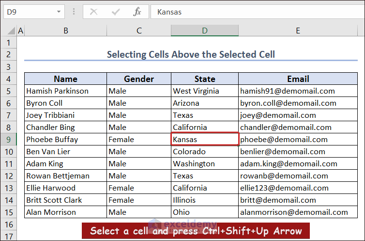  Select Cells Above the Selected Cell in Excel
