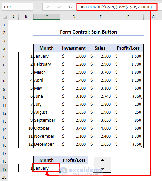 VLOOKUP formula to get month with Spin button
