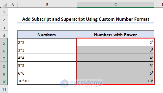 Numbers with superscript 2