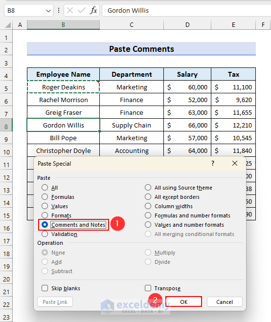 How to Paste Comments in Excel