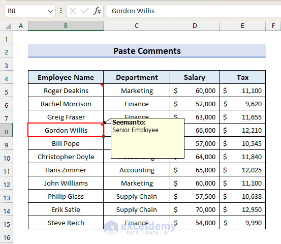 Output After Pasting Comments in Excel