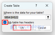 Marking My table has headers then clicking on Ok