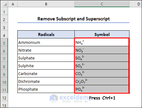 Select range to remove subscript and superscript