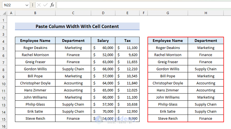 Output After Pasting Column Width with Cell Content