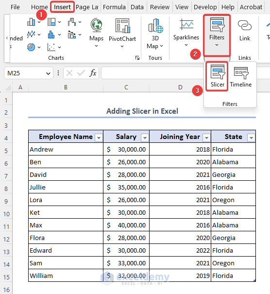 Add slicer in Excel