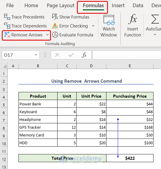 Applying Remove Arrows to remove trace dependents in Excel