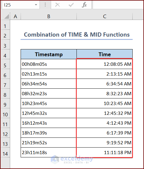 Converting Timestamp to Time using combination of TIME and MID functions