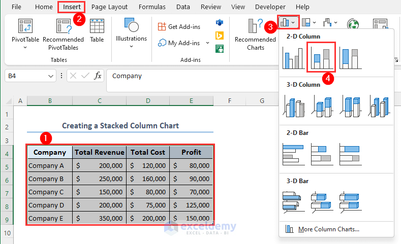 Creating stacked column chart