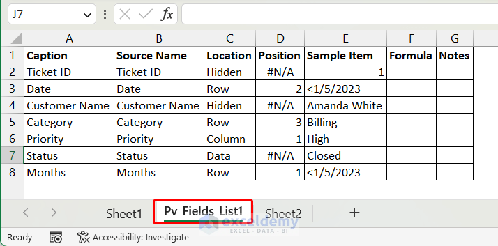 List of Pivot Table Field Names of 1st Pivot Table in Sheet2