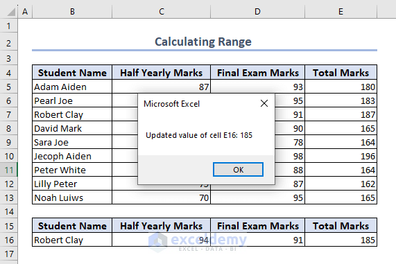 Output after Excel VBA calculate cell (range)