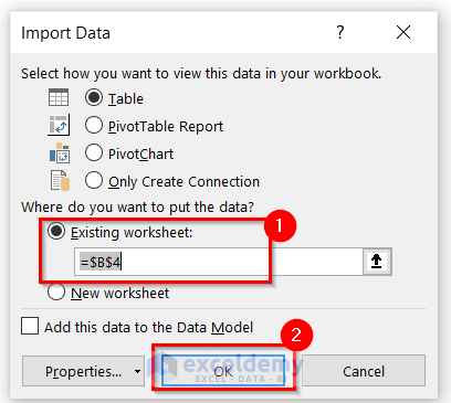 Pressing OK to Import Data dialog box