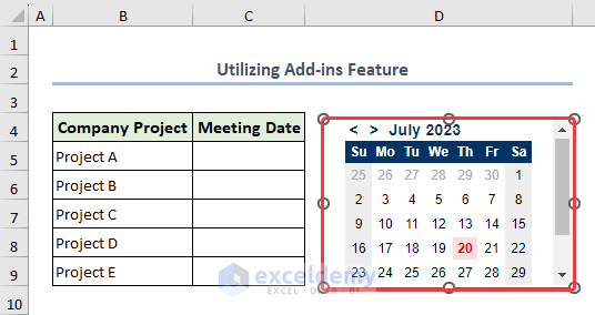 Result with inserting calendar add-ins in Excel worksheet