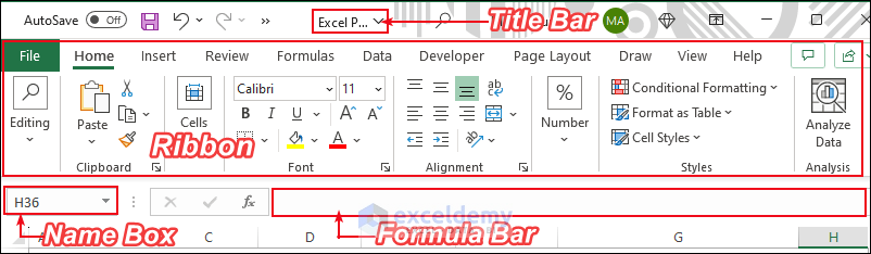 5-Excel parts such as Ribbon, Name Box, Title Box and Formula Bar