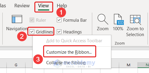 Selecting Customize the Ribbon from the View tab