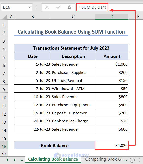 Using SUM function to calculate book balance