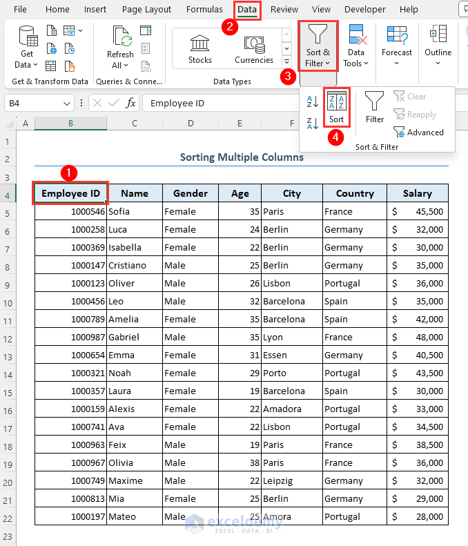 Using Sort feature to organize data based on multiple columns