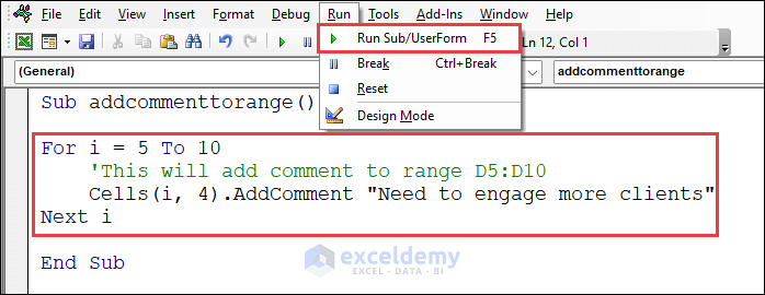 VBA code to add comment to range of cell