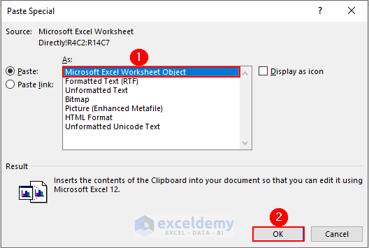 5- choosing Microsoft Excel Worksheet Object option from the list of As