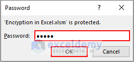 5- entering password to open encrypted workbook in Excel