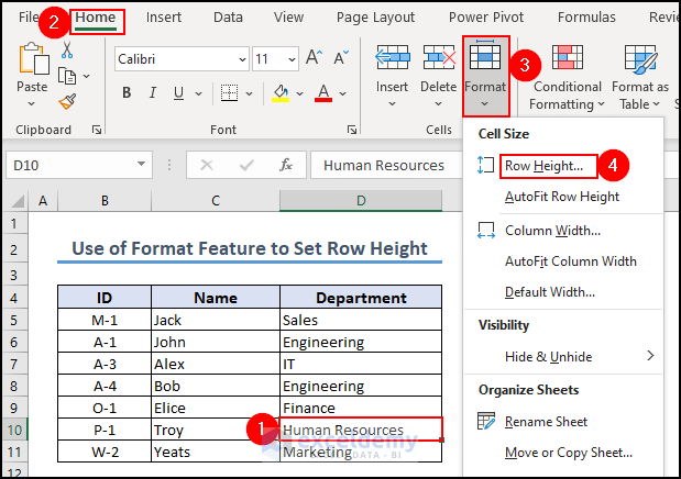 5- selecting row height option from format to set cell size numerically