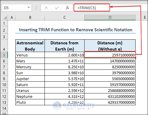 Using TRIM function use to remove e