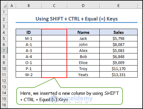 5- using SHIFT + CTRL + Equal (=) keys to insert a column