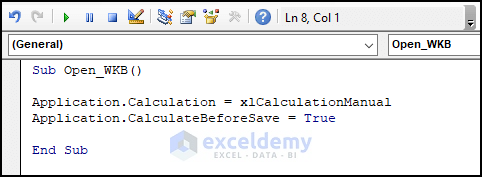 Vba code for manual calculation on workbook open