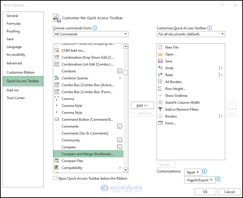 Adding Compare and Merge tool from the quick access toolbar