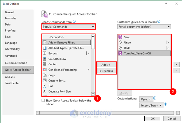 Adding or removing Command to Quick Access Toolbar